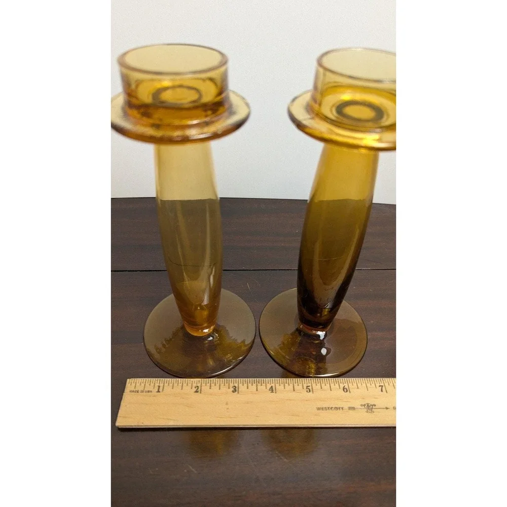 Gardeners Eden Vintage Amber Glass Candle Holders Pair 8in Mid Century Modern